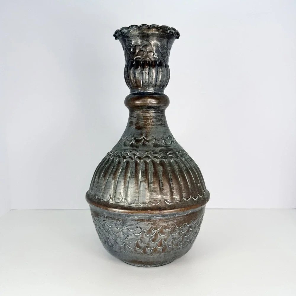 Silver Washed Egyptian Copper Vase‎ surahi vessel Vintage 12